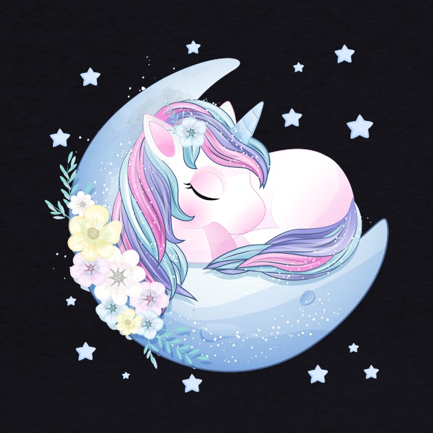 hand drawn cute unicorn sleeping moon by Tshirt lover 1